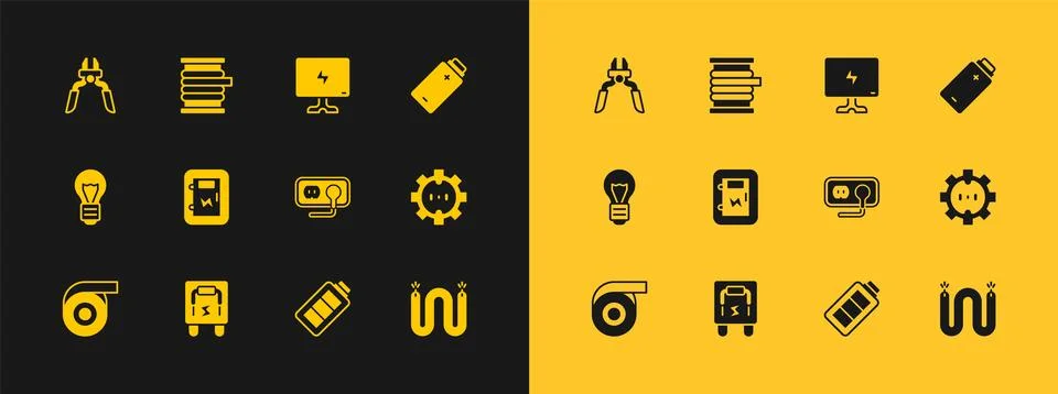 Set Battery charge, Electrical panel, outlet, Smart Tv, Pliers tool and Wir.. Illustrazione stock