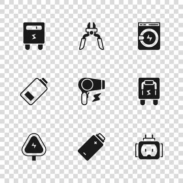 Set Battery charge, Electrical panel, Tee plug electric, Hair dryer, Washer.. イラスト素材