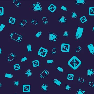 Set Battery charge, High voltage and No lightning on seamless pattern. Vector Stock Illustration