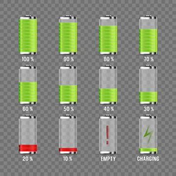 Set of battery charge indicator. Realistic glass power battery Stock Illustration