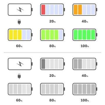 Set of battery charge indicators with low and high energy levels Stock Illustration