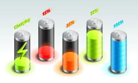 Set of battery charge isometric icon, accumulator indicator, from full charge to Stock Illustration