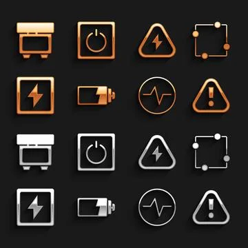Set Battery charge level indicator, Electric circuit scheme, Exclamation mark Ilustração Stock