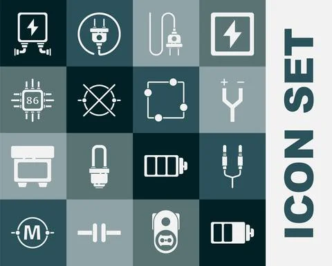 Set Battery charge level indicator, Audio jack, Electric cable, plug, circuit Stock Illustration