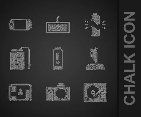Set Battery charge level indicator, Photo camera, Vinyl player, Joystick for Illustrazione stock