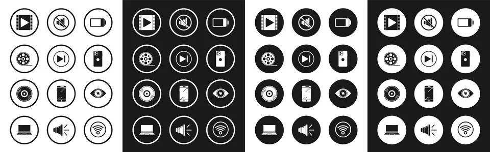Set Battery charge level indicator, Fast forward, Film reel, Play Video Illustrazione stock