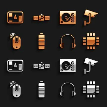 Set Battery charge level indicator, Security camera, Processor with Illustrazione stock