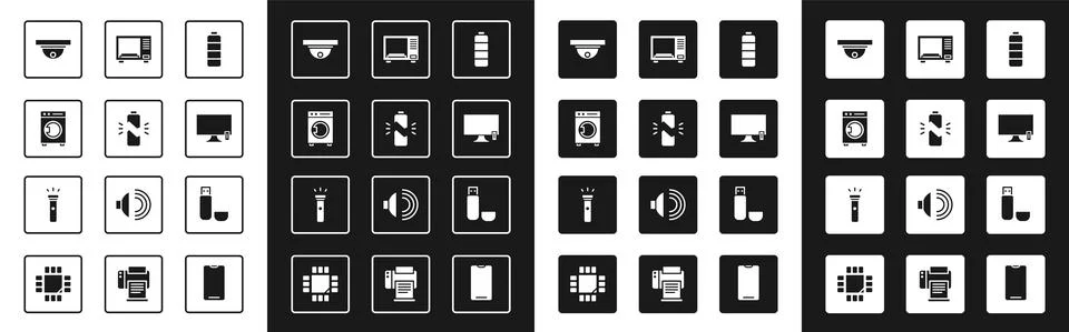 Set Battery charge level indicator, Broken battery, Washer, Motion sensor, Smart 스톡 일러스트