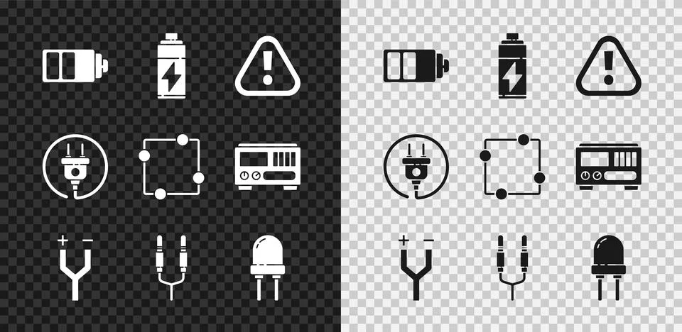 Set Battery charge level indicator, Exclamation mark triangle, Electric cable イラスト素材