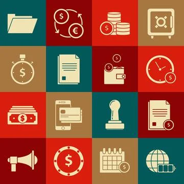 Set Battery charge level indicator with earth globe, Finance document, Time is Stock Illustration