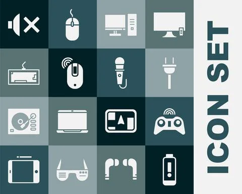 Set Battery charge level indicator, Wireless gamepad, Electric plug, Computer Illustrazione stock