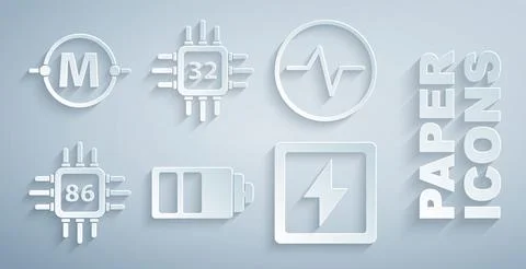 Set Battery charge level indicator, Electric circuit scheme, Processor with Ilustração Stock