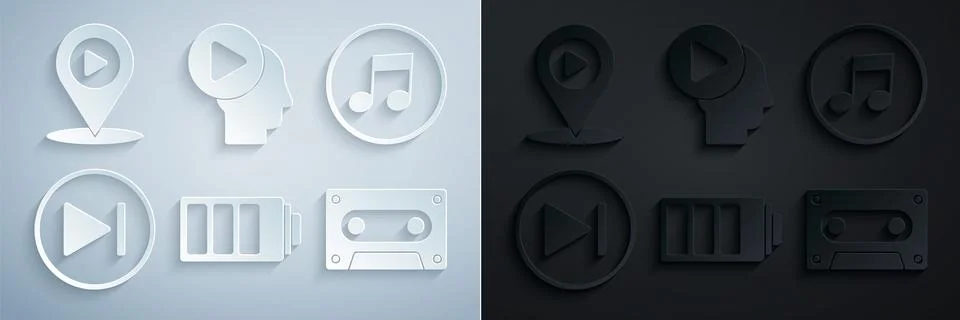 Set Battery charge level indicator, Music note, tone, Fast forward, Retro audio Illustrazione stock