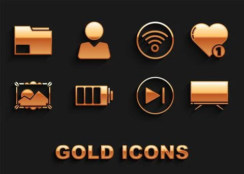 Set Battery charge level indicator, Like and heart, Smart Tv, Fast forward Illustrazione stock