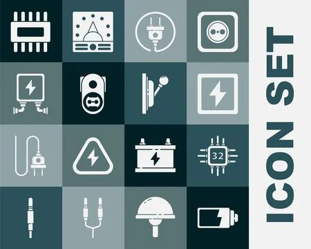 Set Battery charge level indicator, Processor with microcircuits CPU, Light.. Stockillustratie