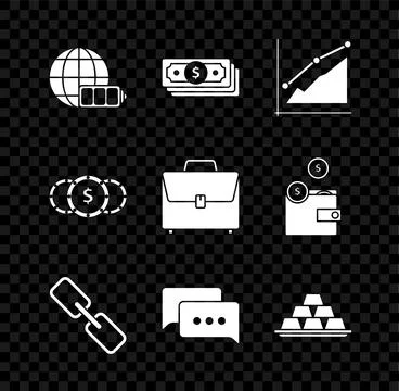 Set Battery charge level indicator with earth globe, Stacks paper money cas.. Stock Illustration