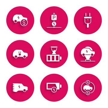 Set Battery charge, Low battery, Electric car, plug and price icon. Vector Stockillustratie