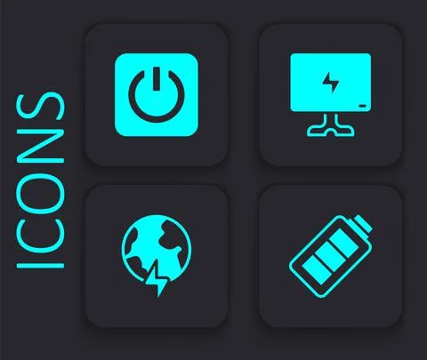 Set Battery charge, Power button, Smart Tv and Global planet with thunderbolt Stock Illustration