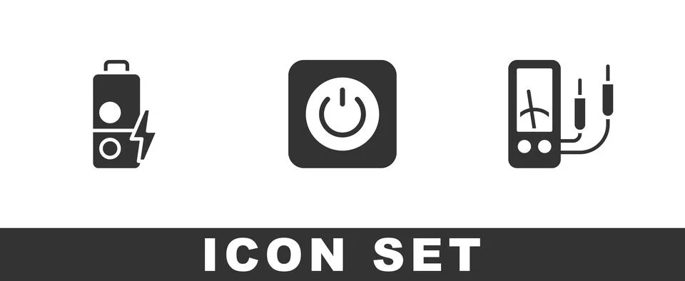Set Battery charge, Power button and Ampere meter, multimeter icon. Vector Stock Illustration