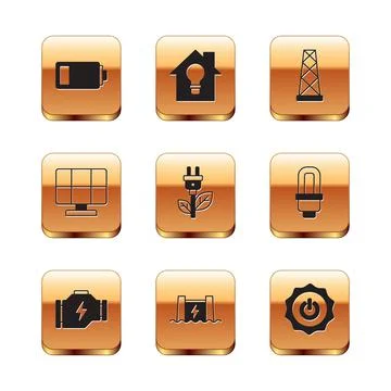 Set Battery, Check engine, Hydroelectric dam, Electric saving plug leaf, Solar Stock Illustration