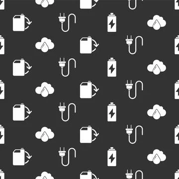 Set Battery, Cloud with rain, Eco fuel canister and Electric plug on seamless Illustrazione stock