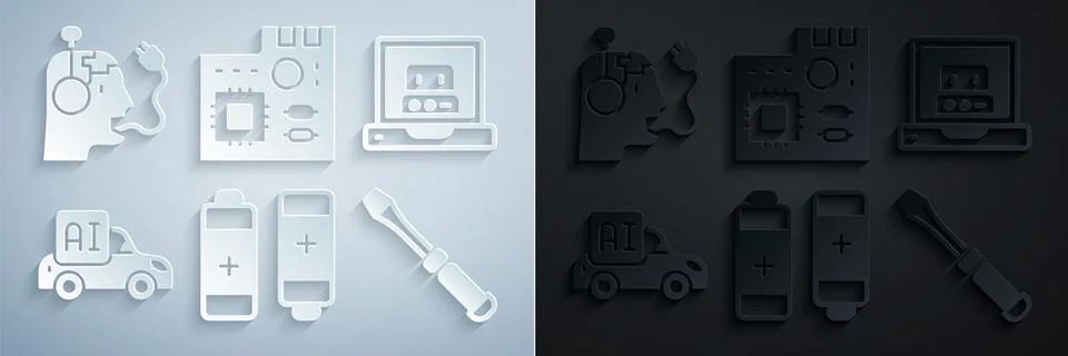Set Battery, Creating robot, Autonomous smart car, Screwdriver, Motherboard.. Stock Illustration