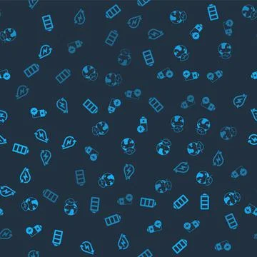 Set Battery, Earth globe and leaf, and Water energy on seamless pattern. Vector Illustrazione stock