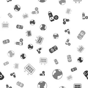 Set Battery, Earth globe, Barrel oil and Solar energy panel on seamless pattern 스톡 일러스트