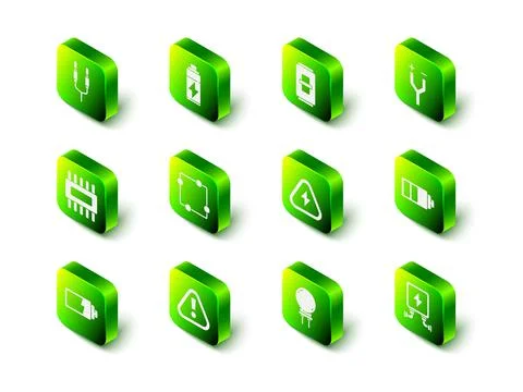 Set Battery, Electric light switch, cable, charge level indicator, transformer Illustrazione stock