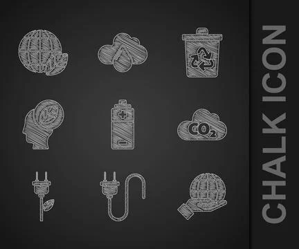 Set Battery, Electric plug, Hand holding Earth globe, CO2 emissions cloud 스톡 일러스트