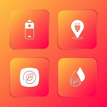Set Battery, Electric plug, Location with leaf and Water energy icon. Vector Stock Illustration