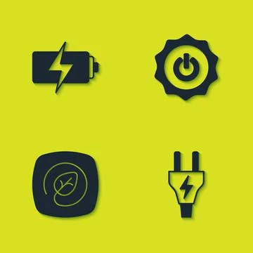 Set Battery, Electric plug, Location with leaf and Power button icon. Vector 库存插图