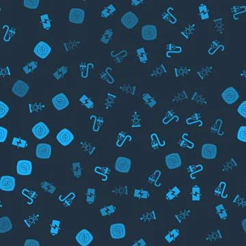 Set Battery, Electric plug, tower and Location with leaf on seamless pattern 스톡 일러스트