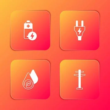 Set Battery, Electric plug, Water energy and tower icon. Vector 库存插图