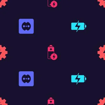 Set Battery, Electrical outlet, and Gear and lightning on seamless pattern Stock Illustration