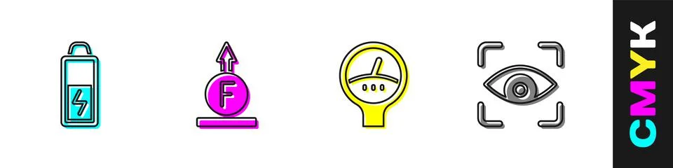Set Battery, Force of physic formula, Gauge scale and Eye scan icon. Vector Stock Illustration