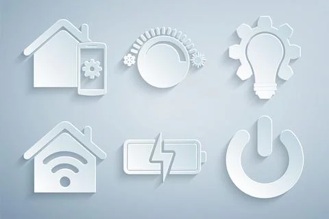 Set Battery, Light bulb and gear, Smart home with wi-fi, Power button Stock Illustration