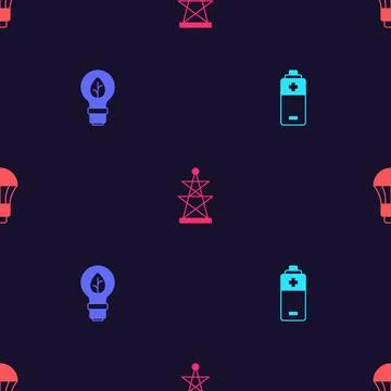 Set Battery, Light bulb with leaf, Electric tower and LED light on seamless.. Stock Illustration