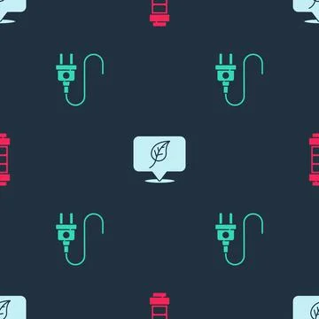 Set Battery, Location with leaf and Electric plug on seamless pattern. Vector 스톡 일러스트