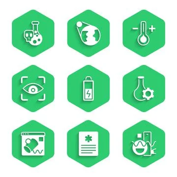 Set Battery, Patient record, Basic geometric shapes, Test tube, Data Illustrazione stock