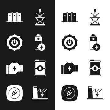 Set Battery, Power button, Hydroelectric dam, Electric tower, Check engine, Bio Stock Illustration