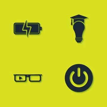 Set Battery, Power button, Smart glasses and Light bulb and graduation cap ic Illustrazione stock