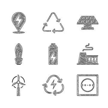 Set Battery, with recycle, Electrical outlet, Factory, Wind turbine, Light bulb Ilustración de archivo