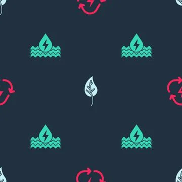 Set Battery with recycle, Leaf or leaves and Water energy on seamless pattern 스톡 일러스트