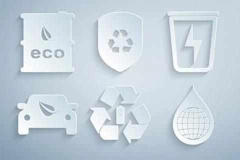 Set Battery with recycle, Lightning trash can, Eco car drive leaf, Earth pl.. Stock Illustration