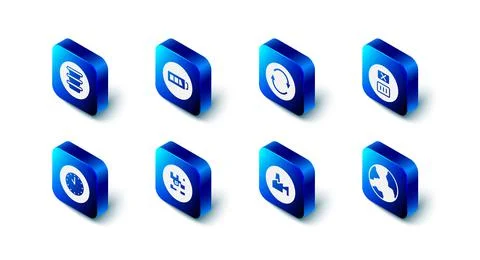 Set Battery, Recycle symbol, Temperature wash, Worldwide, Factory production, QR Ilustración de archivo