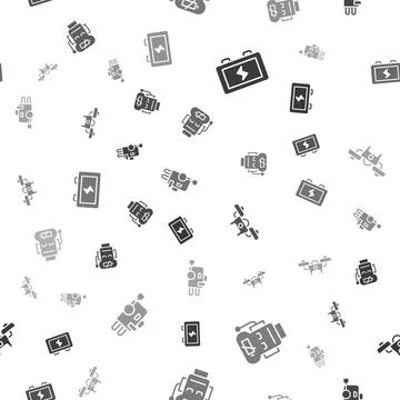 Set Battery, Robot low battery charge, Drone and on seamless pattern. Vector Stock Illustration