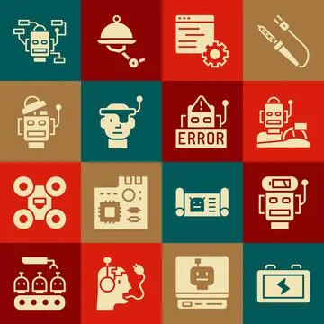 Set Battery, Robot low battery charge, humanoid driving car, Computer api Stock Illustration