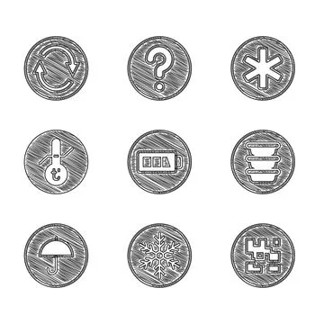 Set Battery, Snowflake, QR code, Bowl, Delivery package with umbrella Stock Illustration