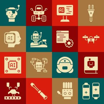 Set Battery, User manual, Drone, Software, Robot humanoid driving car, Humanoid Ilustración de archivo